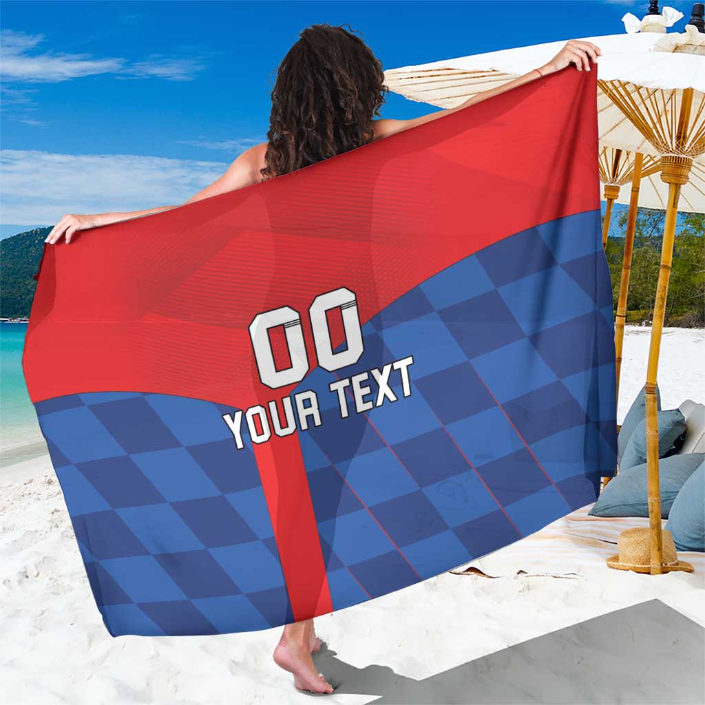 Flat football-style sarong in red and blue with '00' and 'YOUR TEXT' graphic