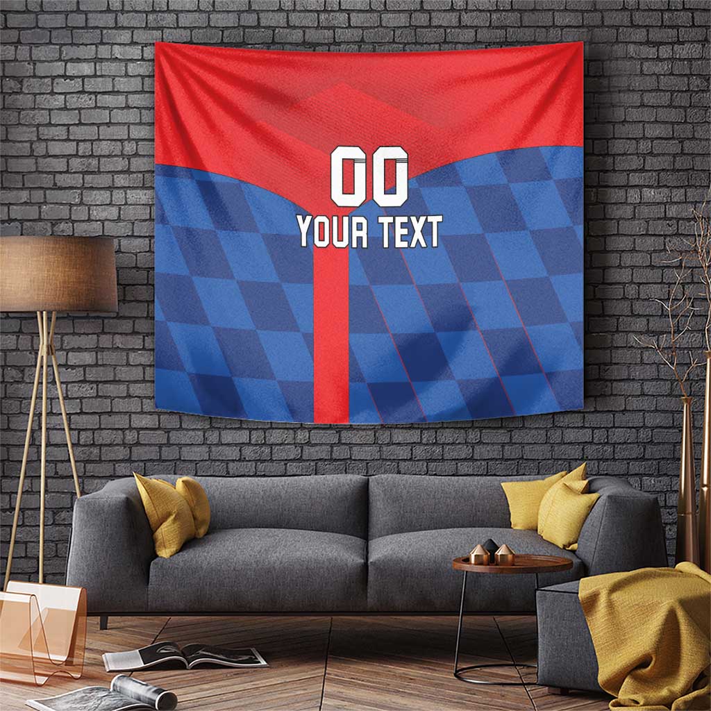 Rectangular tapestry with red/blue checkered soccer design and '00 YOUR TEXT'.