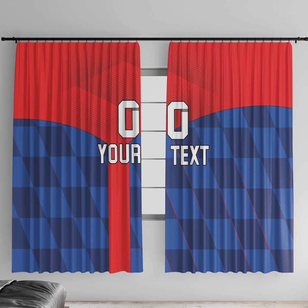 Custom red and blue window curtain with jersey number icons and YOUR TEXT