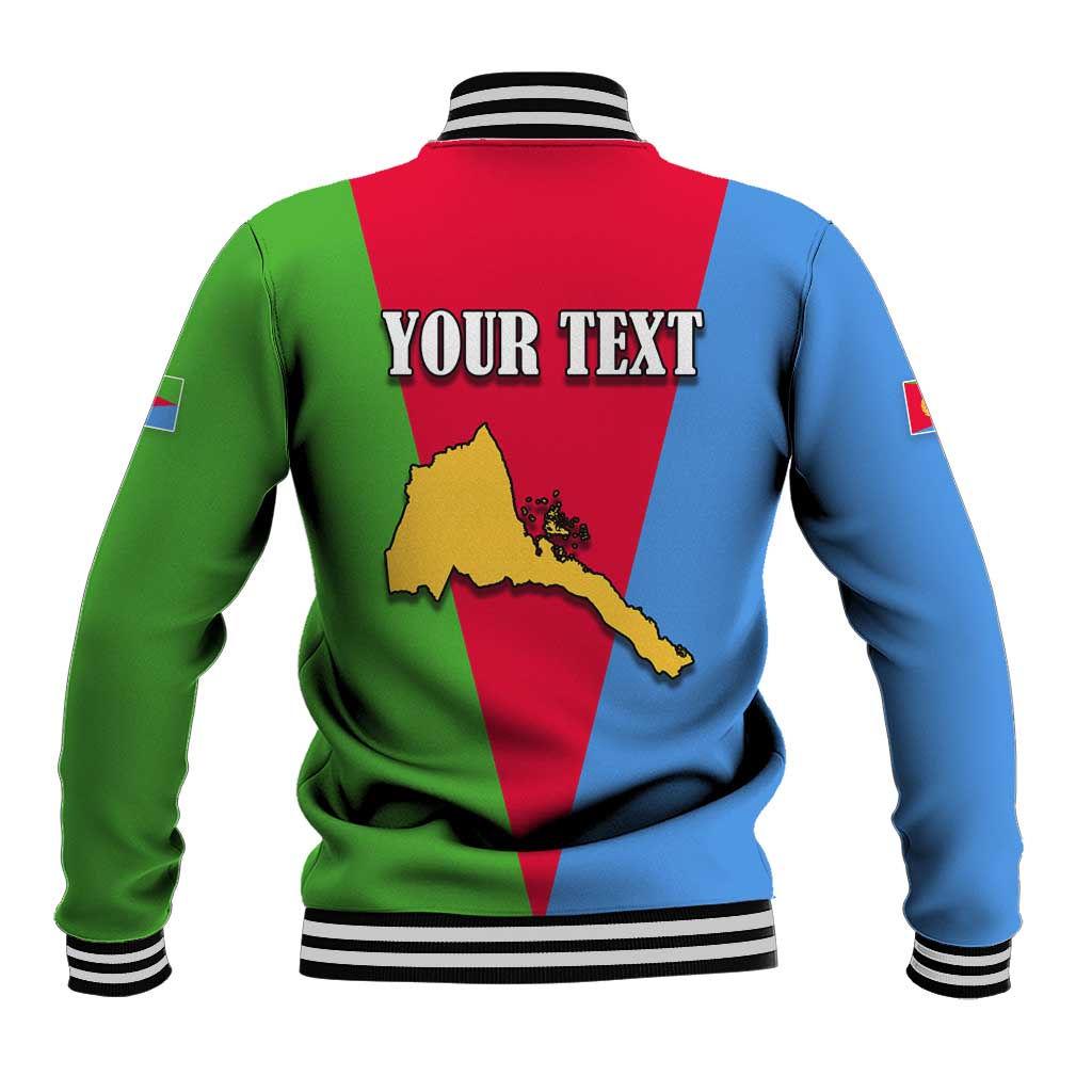 Baseball jacket back with YOUR TEXT, Eritrea map patch, and multicolor flag panels