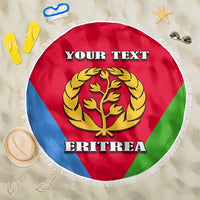 Round beach blanket with fringe, golden Eritrea emblem, and 'YOUR TEXT' over ERITREA
