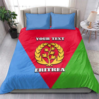 Eritrea flag bedding set with personalized text and crest emblem on duvet, two blue pillowcases