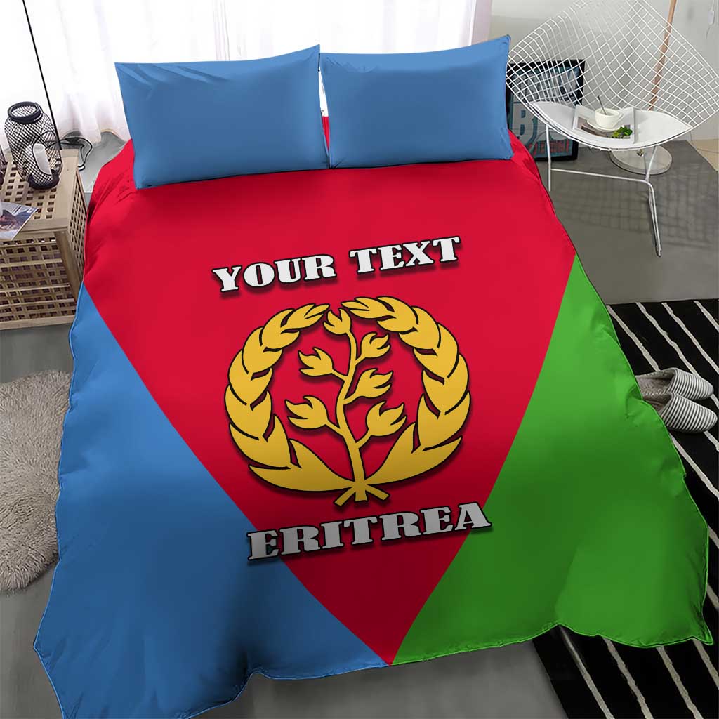 Eritrea emblem bedding set featuring personalized text, crest logo on red-blue-green triangle