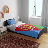Eritrea flag bedding set with personalized text and crest emblem on duvet, blue side pillows