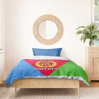 Eritrea emblem bedding set with personalized crest and text, blue duvet with green-red accents