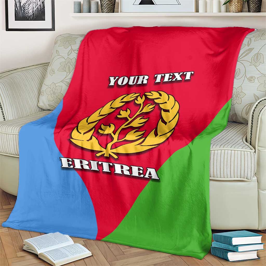 Personalized Eritrea emblem blanket on armchair with “YOUR TEXT” and “ERITREA” in flag colors