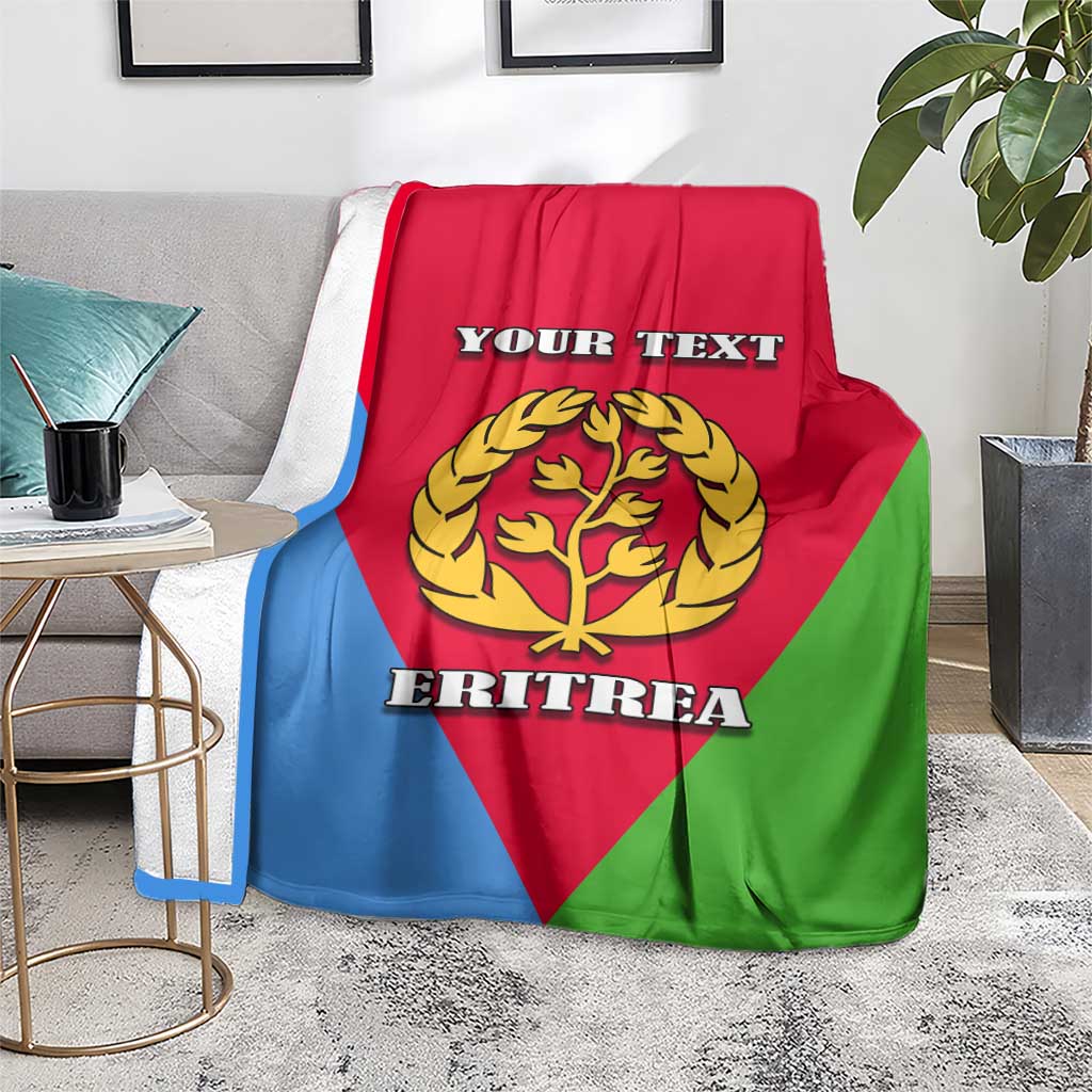 Personalized Eritrea emblem blanket on living room couch with “YOUR TEXT” and “ERITREA”