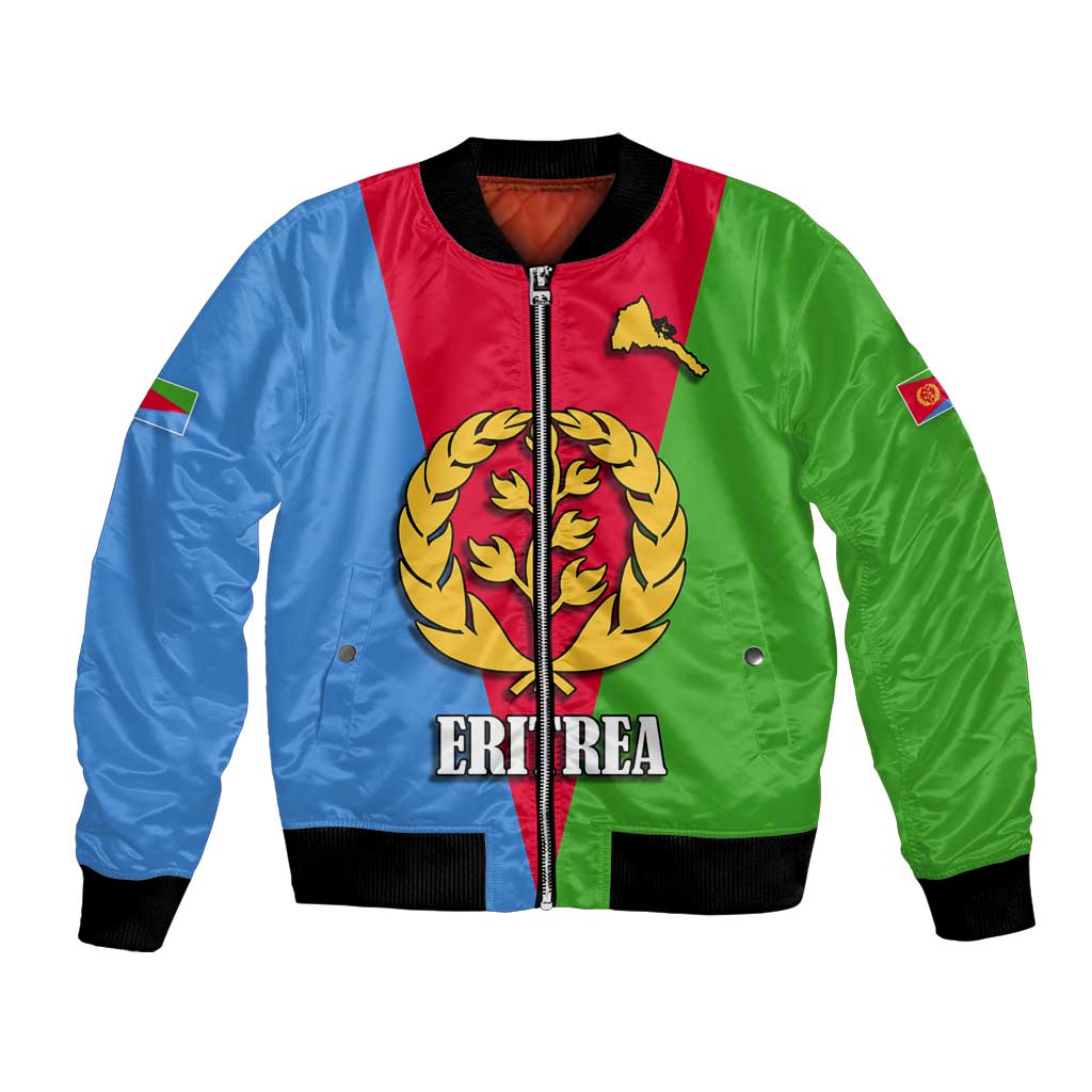 Personalized Eritrea bomber jacket front with laurel emblem, ERITREA text, zipper