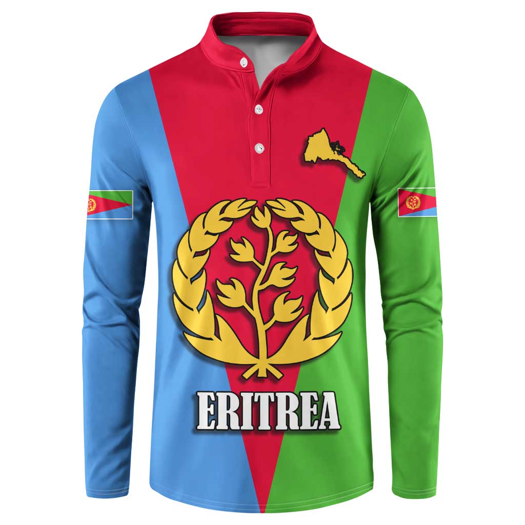 Personalized Eritrea emblem button sweatshirt, front crest with ERITREA text and flag-color stripes