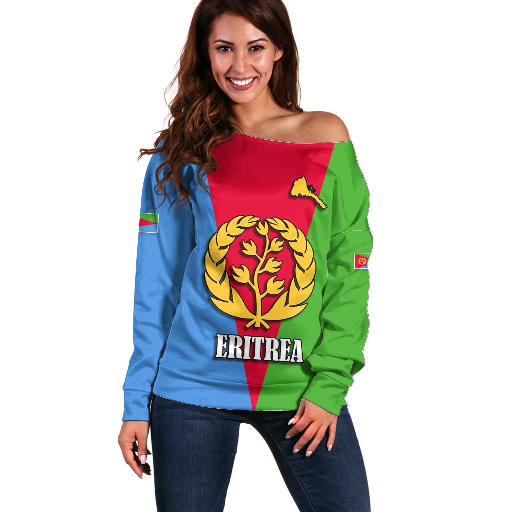 Personalized Eritrea Emblem Off Shoulder Sweater With Flag Color - Wonder Print Shop