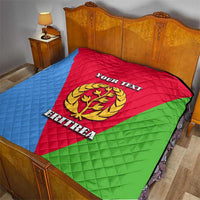 Personalized Eritrea emblem quilt on bed, flag colors with “YOUR TEXT” and crest