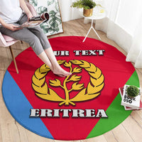 Round carpet showing Eritrea emblem tree and custom text over red-blue-green flag pattern