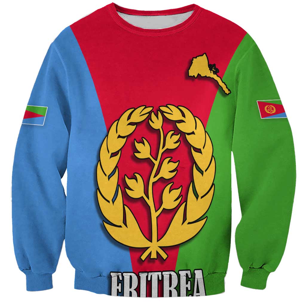 Crewneck sweatshirt with tricolor panels, gold emblem on chest, small Eritrea flag sleeve patch