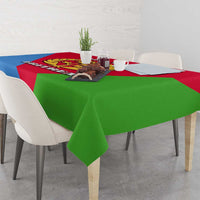 Eritrea flag-color tablecloth with central emblem in red, blue, and green.