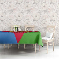 Eritrea flag-color tablecloth with central emblem in red, blue, and green.