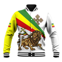 White baseball jacket with diagonal green-yellow-red panels, lion emblem and cross patch