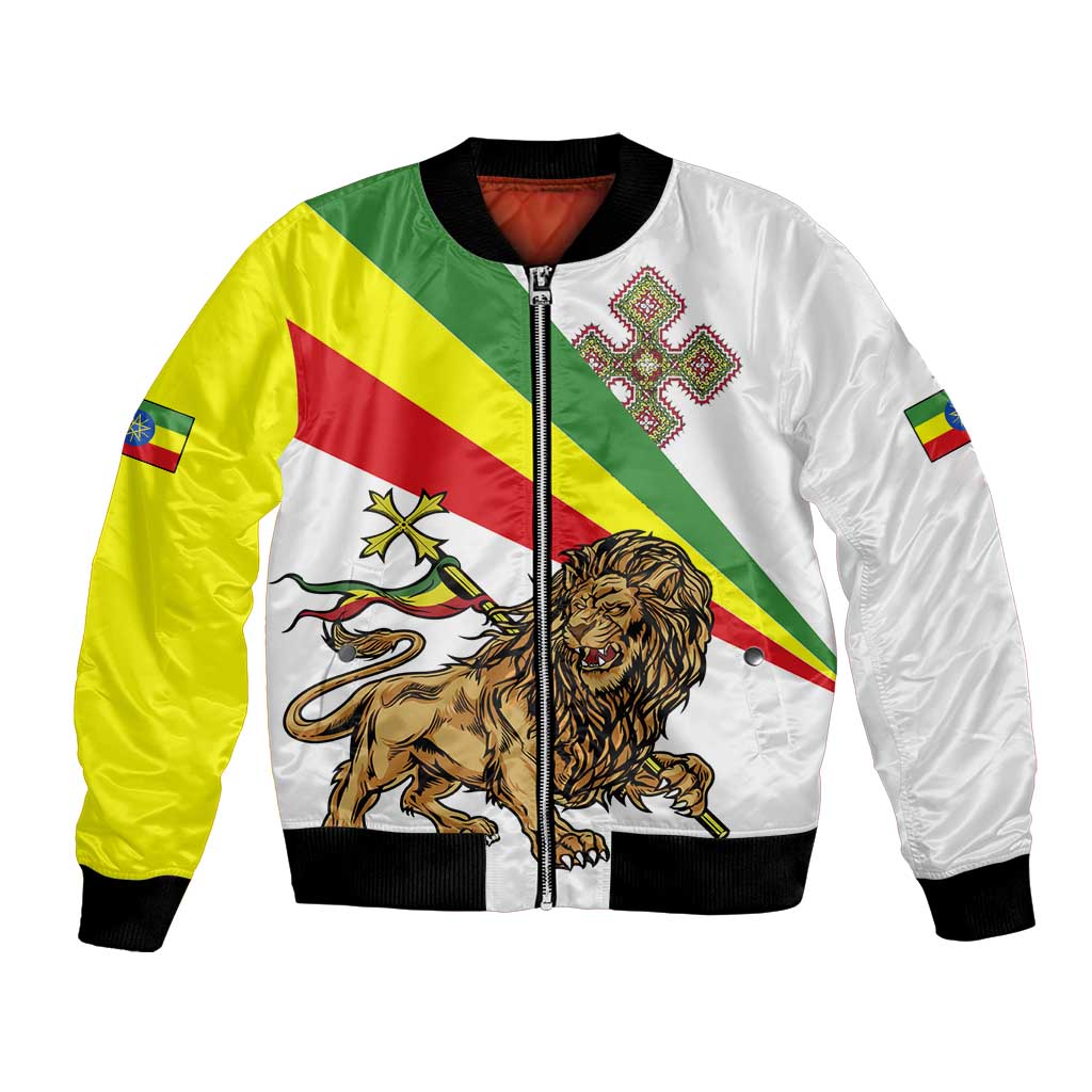 White bomber jacket with lion emblem, front zipper, diagonal Ethiopia tricolor panels