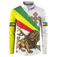 Men's button sweatshirt, white with Ethiopian flag stripes, lion and cross emblem