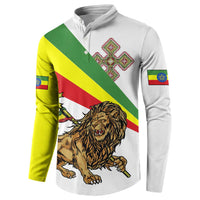 Men's button sweatshirt, white front with lion-and-cross emblem and Ethiopian flag sleeve patch
