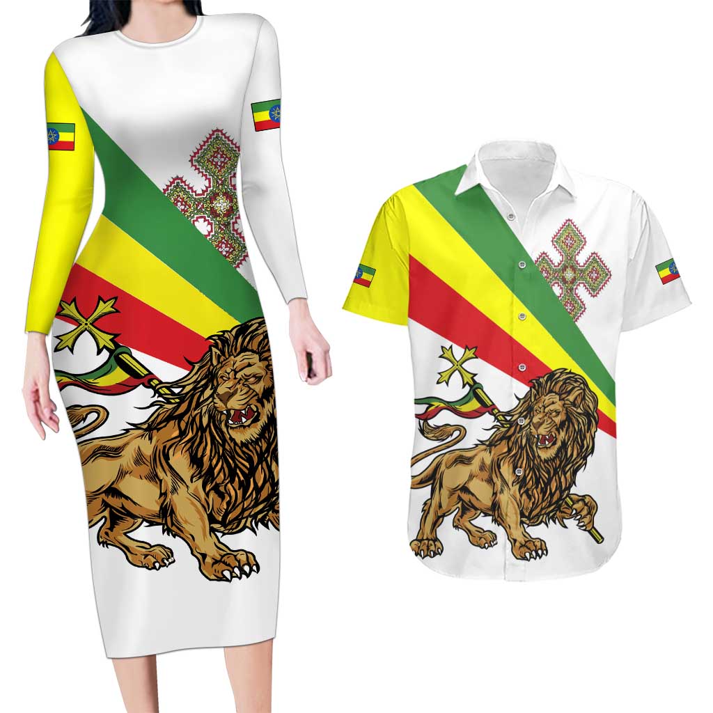 Ethiopia Couples Matching Long Sleeve Bodycon Dress and Hawaiian Shirt Lion Of Judah Emblem With Cross