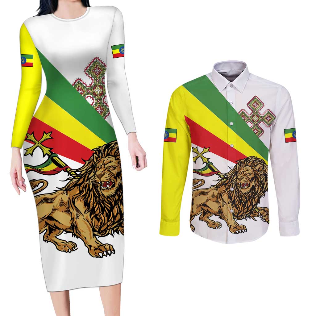 Ethiopia Couples Matching Long Sleeve Bodycon Dress and Long Sleeve Button Shirt Lion Of Judah Emblem With Cross