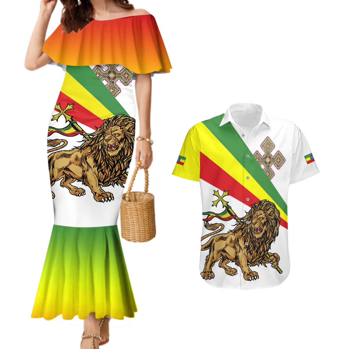 Ethiopia Couples Matching Mermaid Dress and Hawaiian Shirt Lion Of Judah Emblem With Cross