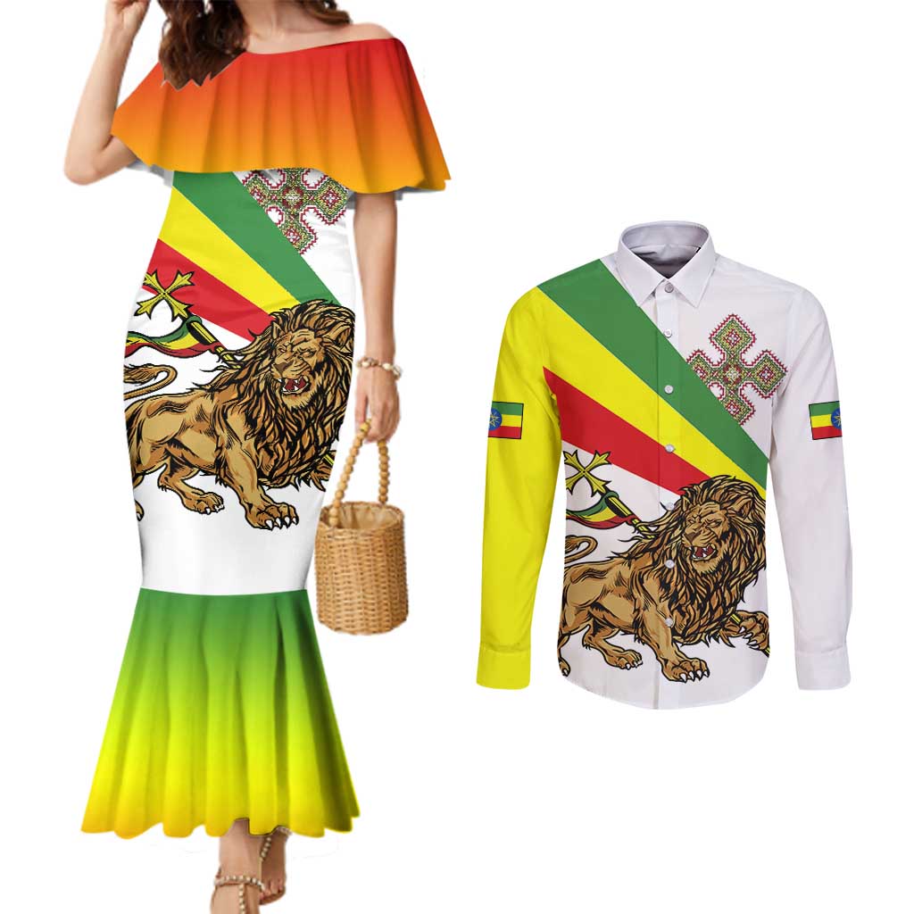 Ethiopia Couples Matching Mermaid Dress and Long Sleeve Button Shirt Lion Of Judah Emblem With Cross