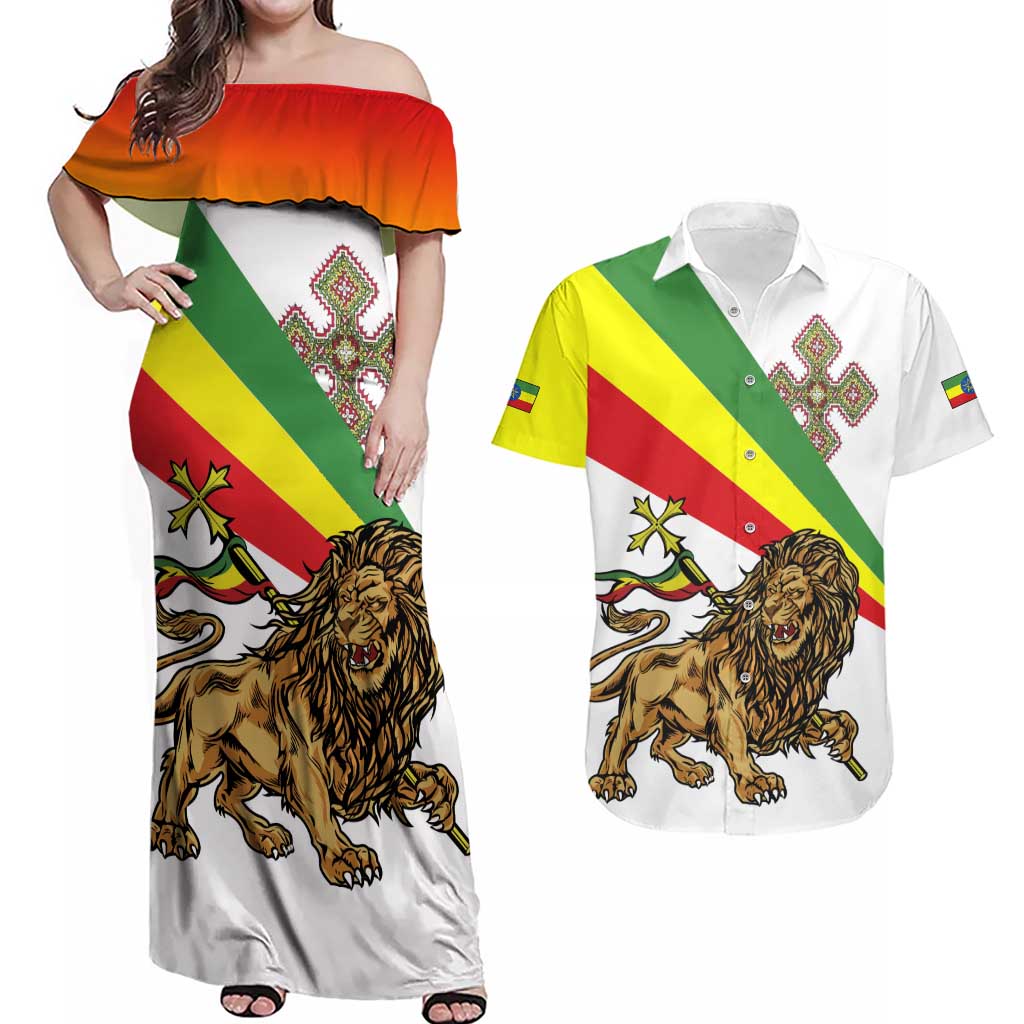 Ethiopia Couples Matching Off Shoulder Maxi Dress and Hawaiian Shirt Lion Of Judah Emblem With Cross