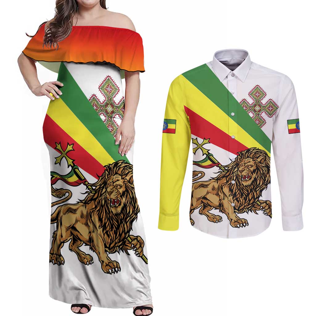 Ethiopia Couples Matching Off Shoulder Maxi Dress and Long Sleeve Button Shirt Lion Of Judah Emblem With Cross