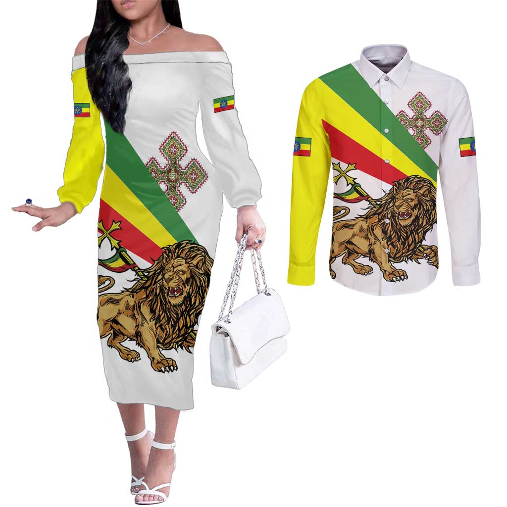 Ethiopia Couples Matching Off The Shoulder Long Sleeve Dress and Long Sleeve Button Shirt Lion Of Judah Emblem With Cross