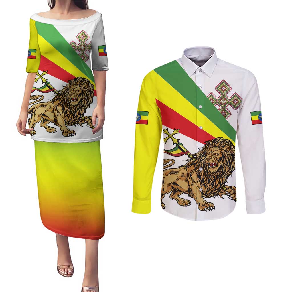 Ethiopia Couples Matching Puletasi and Long Sleeve Button Shirt Lion Of Judah Emblem With Cross - Wonder Print Shop