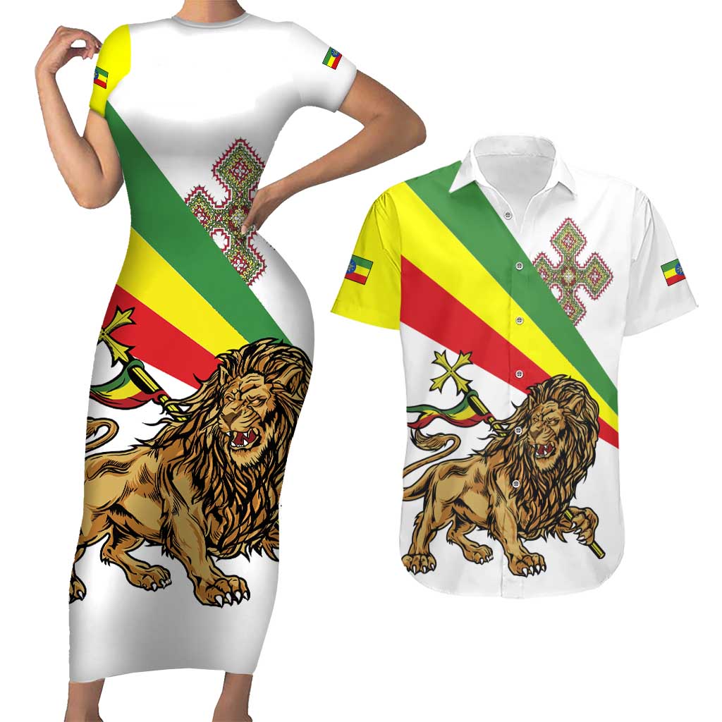 Ethiopia Couples Matching Short Sleeve Bodycon Dress and Hawaiian Shirt Lion Of Judah Emblem With Cross