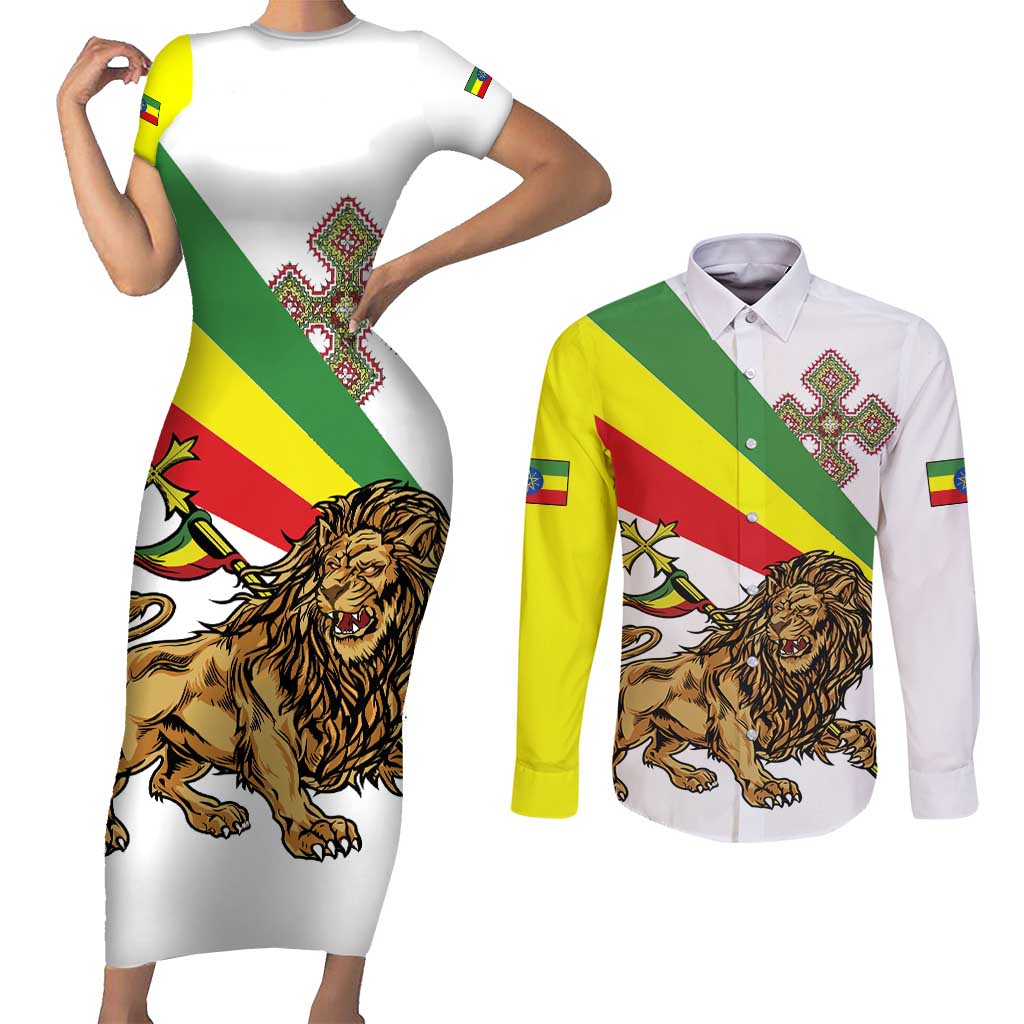 Ethiopia Couples Matching Short Sleeve Bodycon Dress and Long Sleeve Button Shirt Lion Of Judah Emblem With Cross