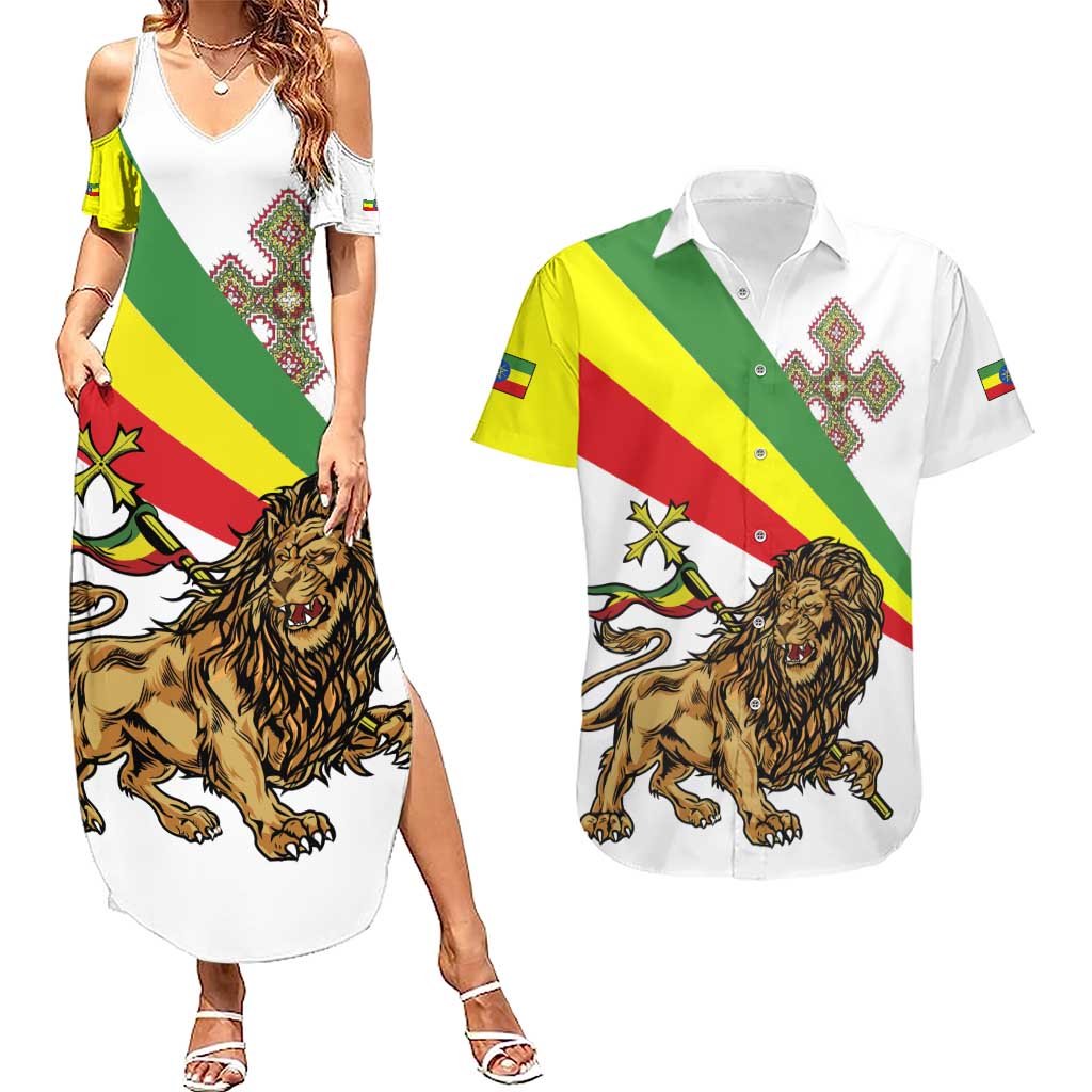 Ethiopia Couples Matching Summer Maxi Dress and Hawaiian Shirt Lion Of Judah Emblem With Cross