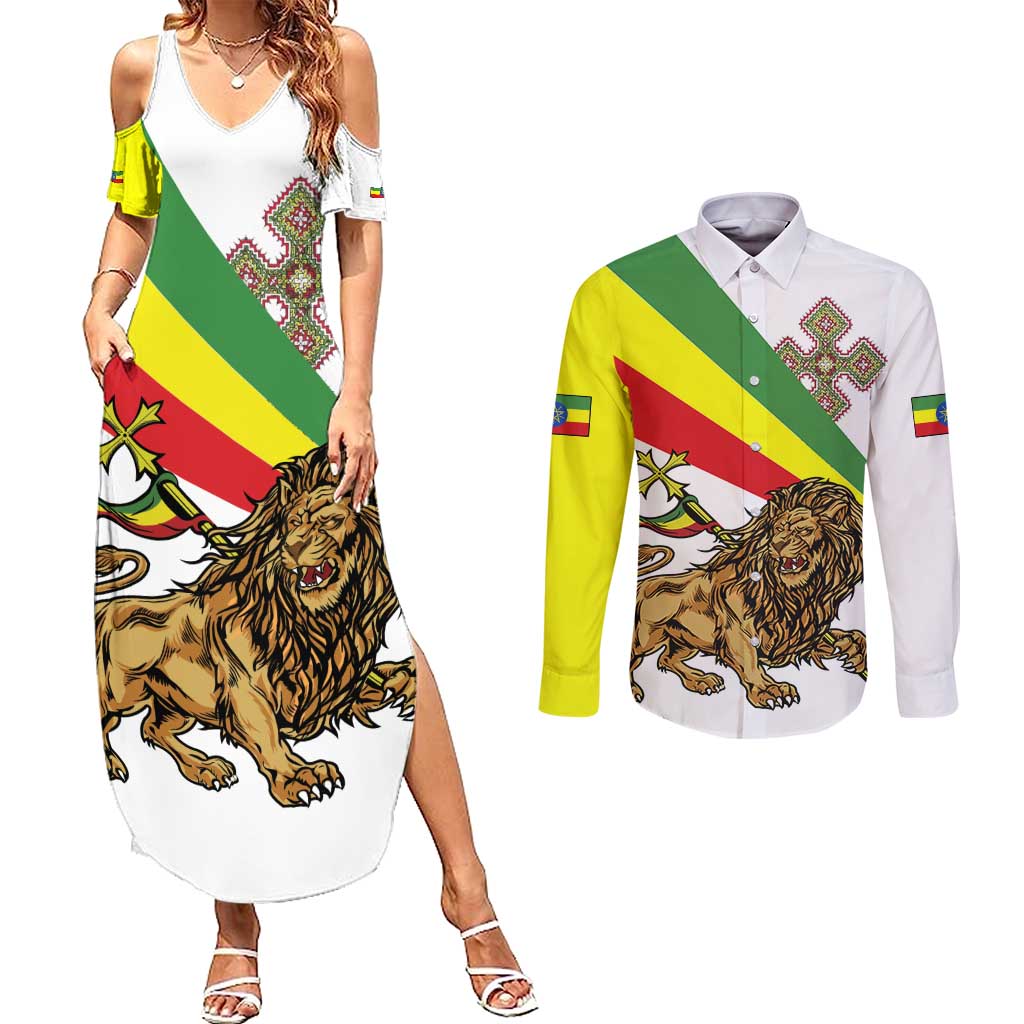 Ethiopia Couples Matching Summer Maxi Dress and Long Sleeve Button Shirt Lion Of Judah Emblem With Cross