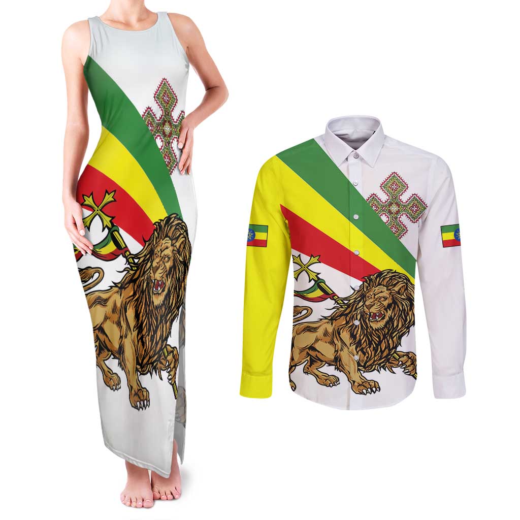 Ethiopia Couples Matching Tank Maxi Dress and Long Sleeve Button Shirt Lion Of Judah Emblem With Cross