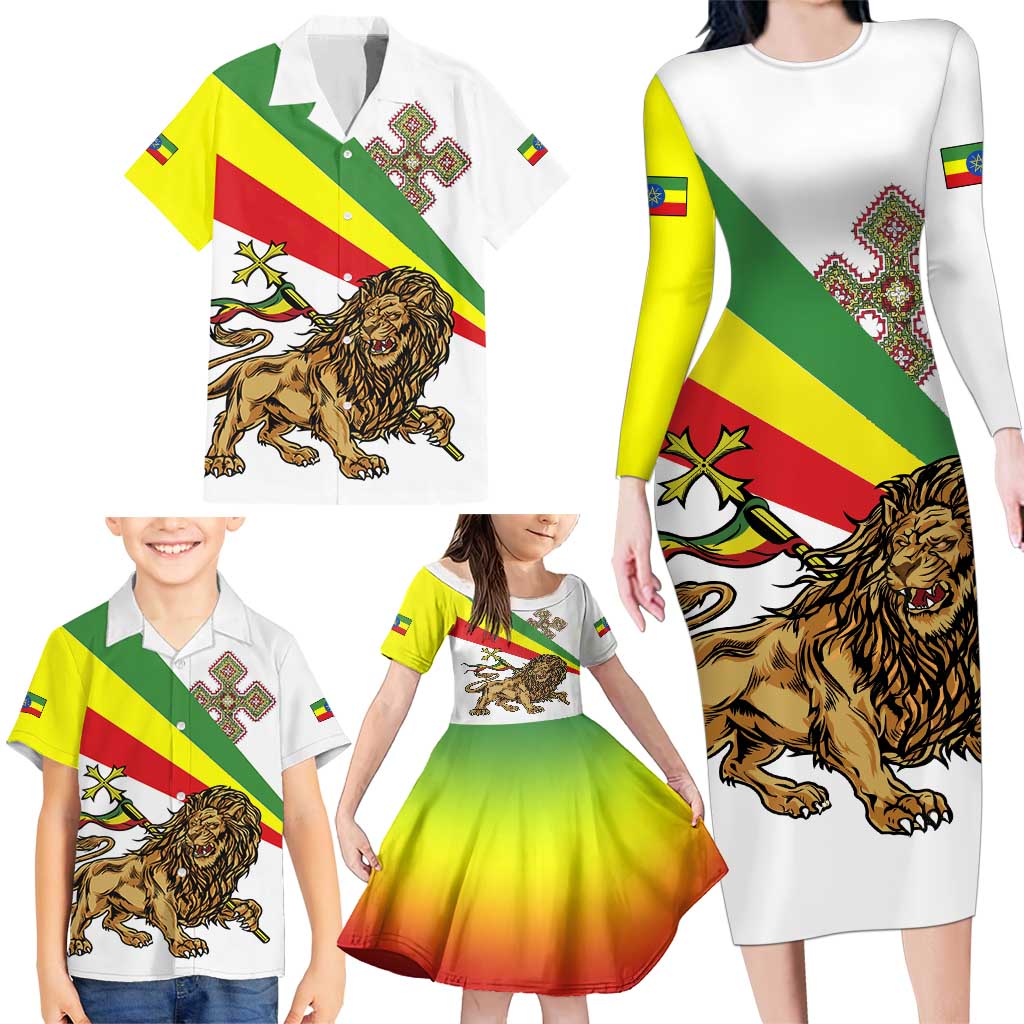 Ethiopia Family Matching Long Sleeve Bodycon Dress and Hawaiian Shirt Lion Of Judah Emblem With Cross