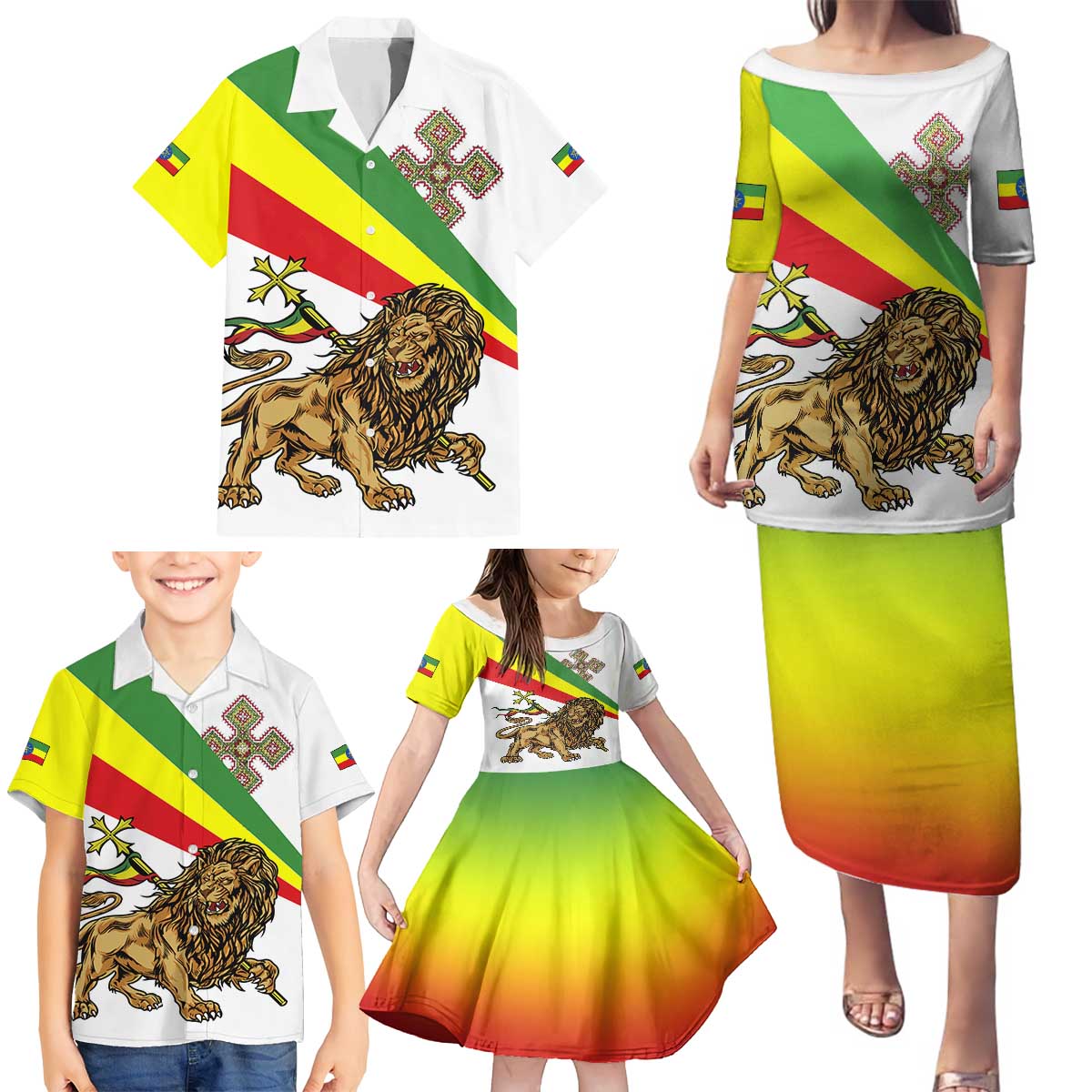 Ethiopia Family Matching Puletasi and Hawaiian Shirt Lion Of Judah Emblem With Cross - Wonder Print Shop