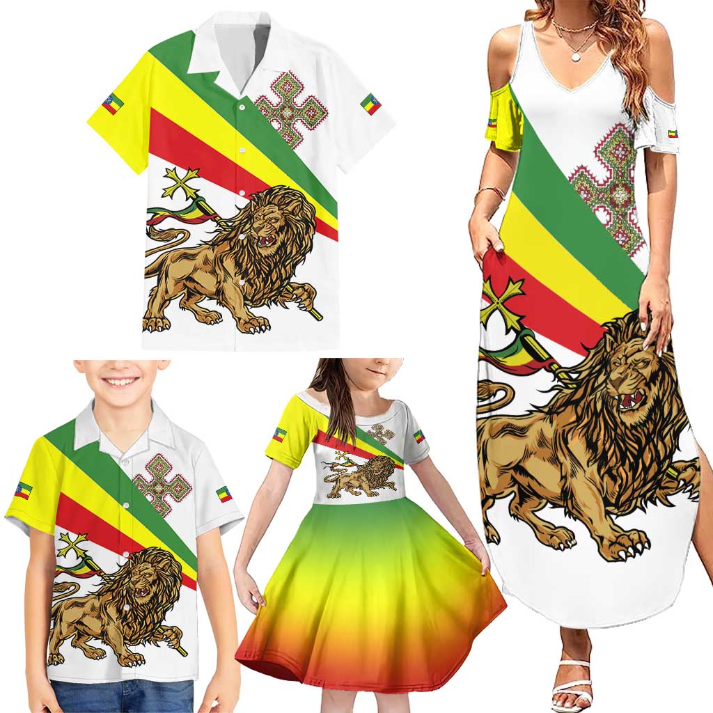 Ethiopia Family Matching Summer Maxi Dress and Hawaiian Shirt Lion Of Judah Emblem With Cross