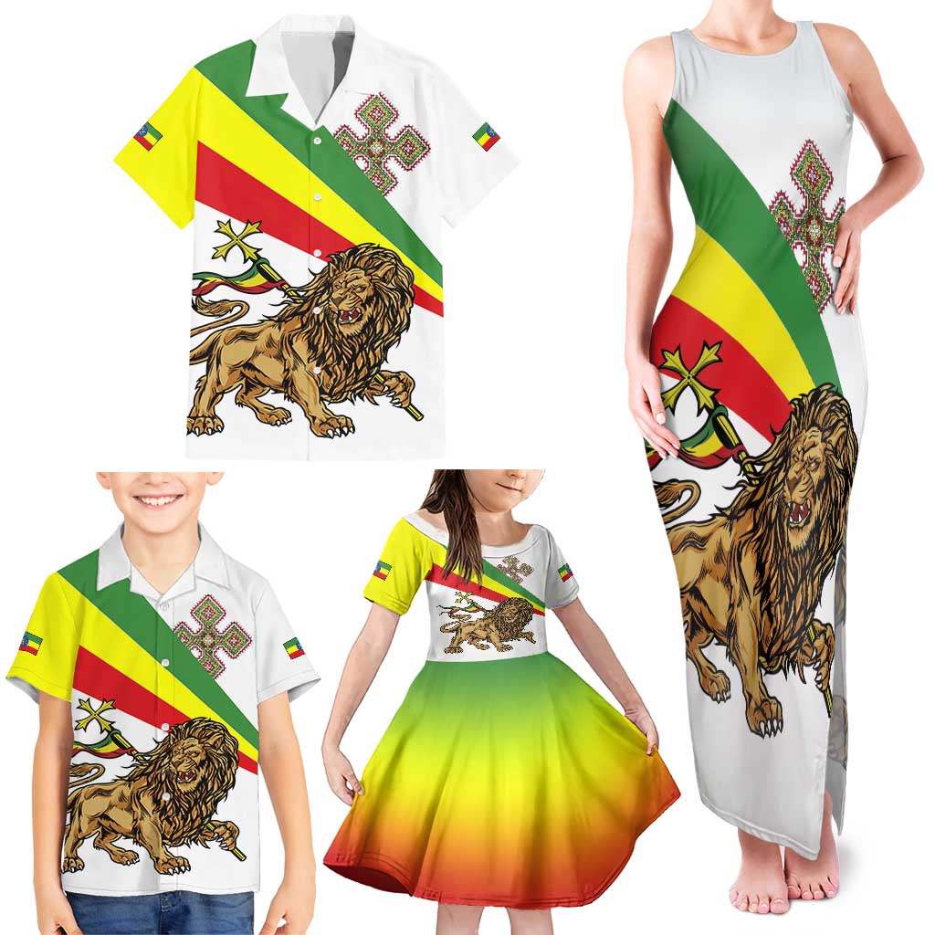 Ethiopia Family Matching Tank Maxi Dress and Hawaiian Shirt Lion Of Judah Emblem With Cross