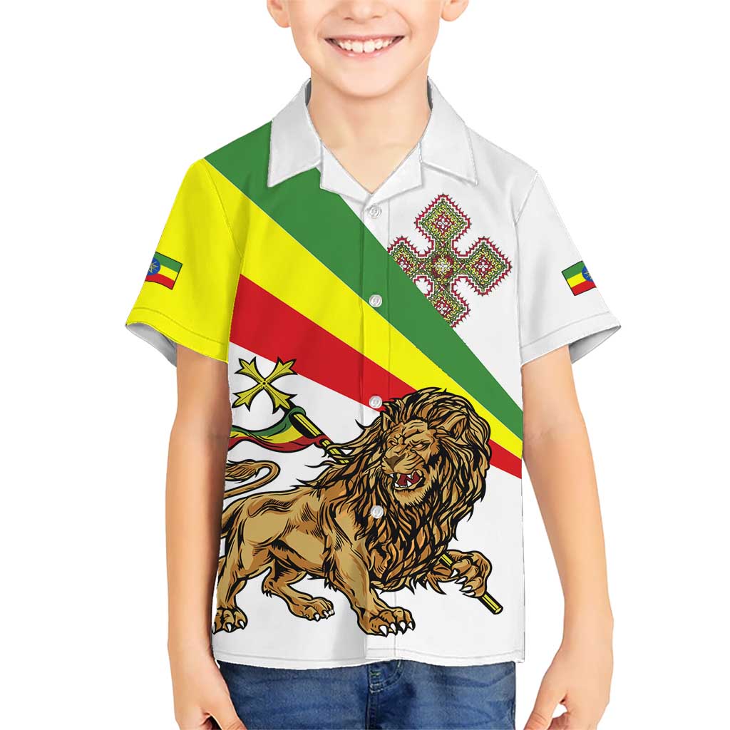 Ethiopia Kid Hawaiian Shirt Lion Of Judah Emblem With Cross - Wonder Print Shop