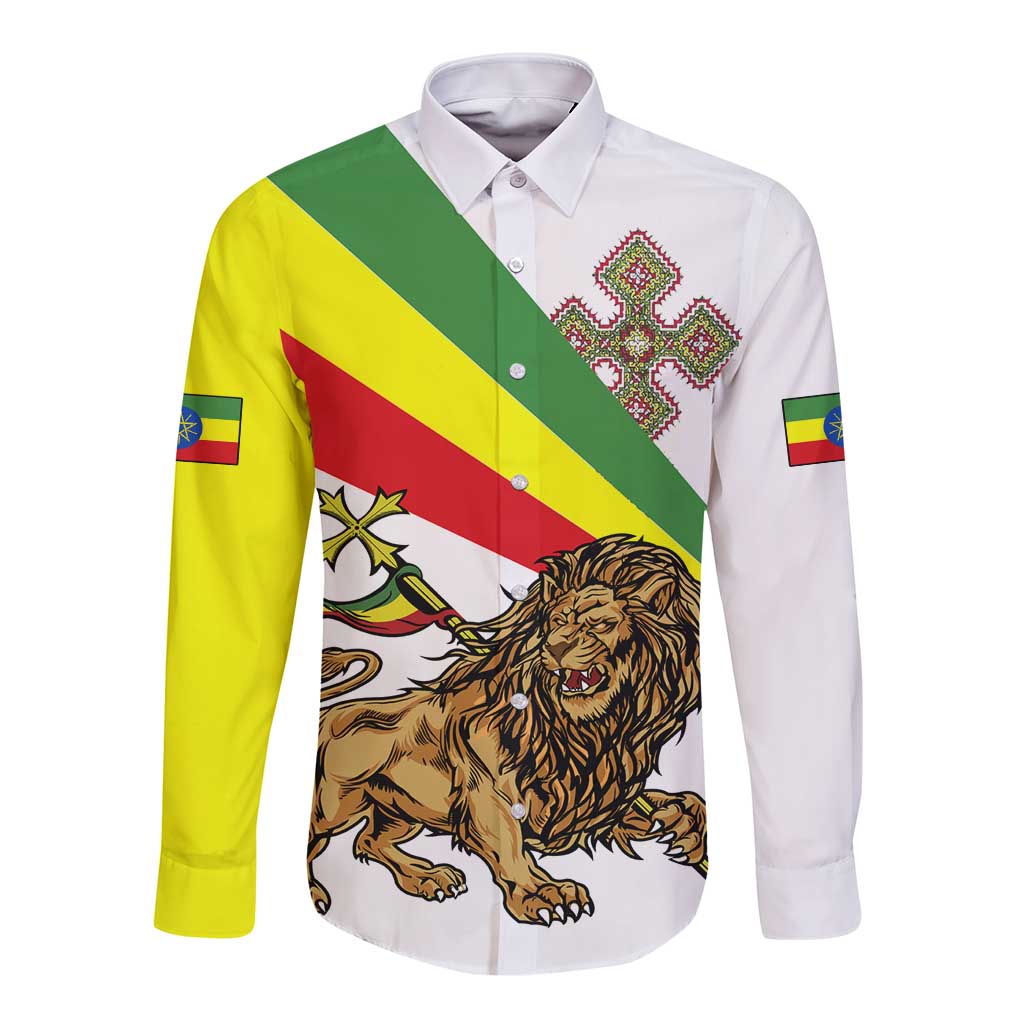 Ethiopia Long Sleeve Button Shirt Lion Of Judah Emblem With Cross - Wonder Print Shop