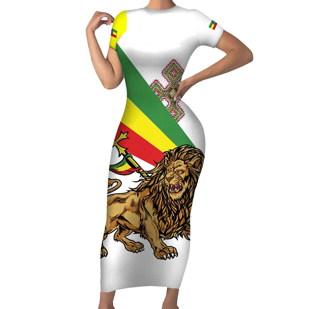 Ethiopia Short Sleeve Bodycon Dress Lion Of Judah Emblem With Cross