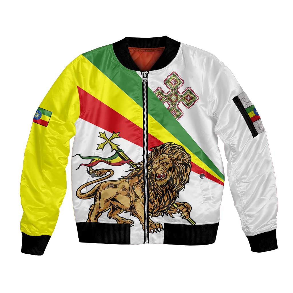 Ethiopia Sleeve Zip Bomber Jacket Lion Of Judah Emblem With Cross