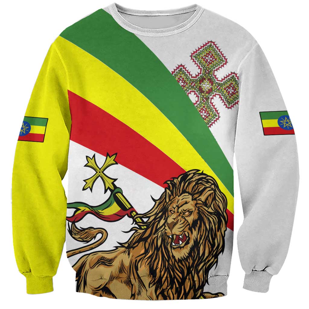 Unisex white sweatshirt with Ethiopian flag diagonal stripes and roaring lion front print