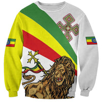 Unisex white sweatshirt with Ethiopian flag diagonal stripes and roaring lion front print