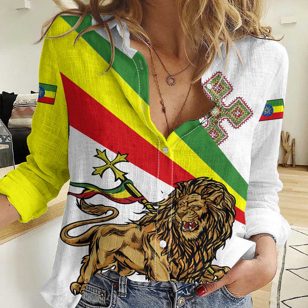 Ethiopia Women Casual Shirt Lion Of Judah Emblem With Cross