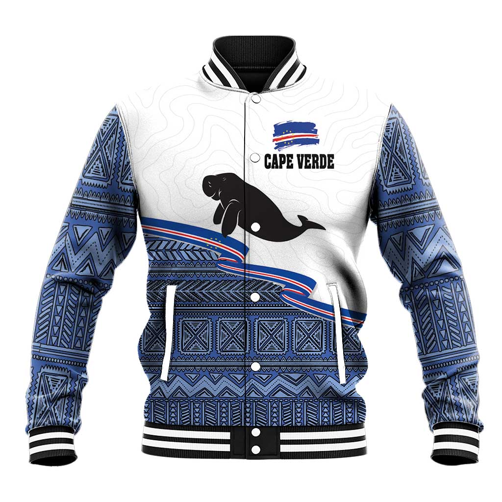 White Cape Verde manatee baseball jacket with blue geometric sleeves, zip front, ribbed trim