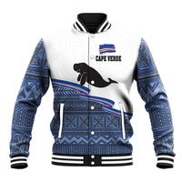 White Cape Verde manatee baseball jacket with blue geometric sleeves, zip front, ribbed trim