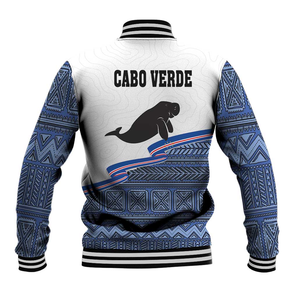 White Cape Verde manatee baseball jacket back print, blue geometric panels, ribbed collar and hem